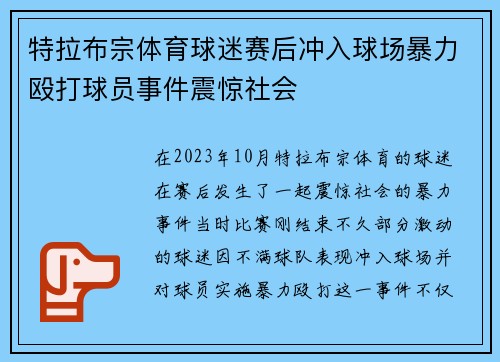 特拉布宗体育球迷赛后冲入球场暴力殴打球员事件震惊社会