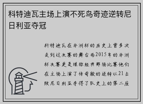 科特迪瓦主场上演不死鸟奇迹逆转尼日利亚夺冠