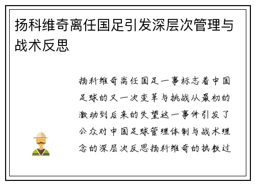 扬科维奇离任国足引发深层次管理与战术反思 扬科维奇离任国足引发深层次管理与战术反思